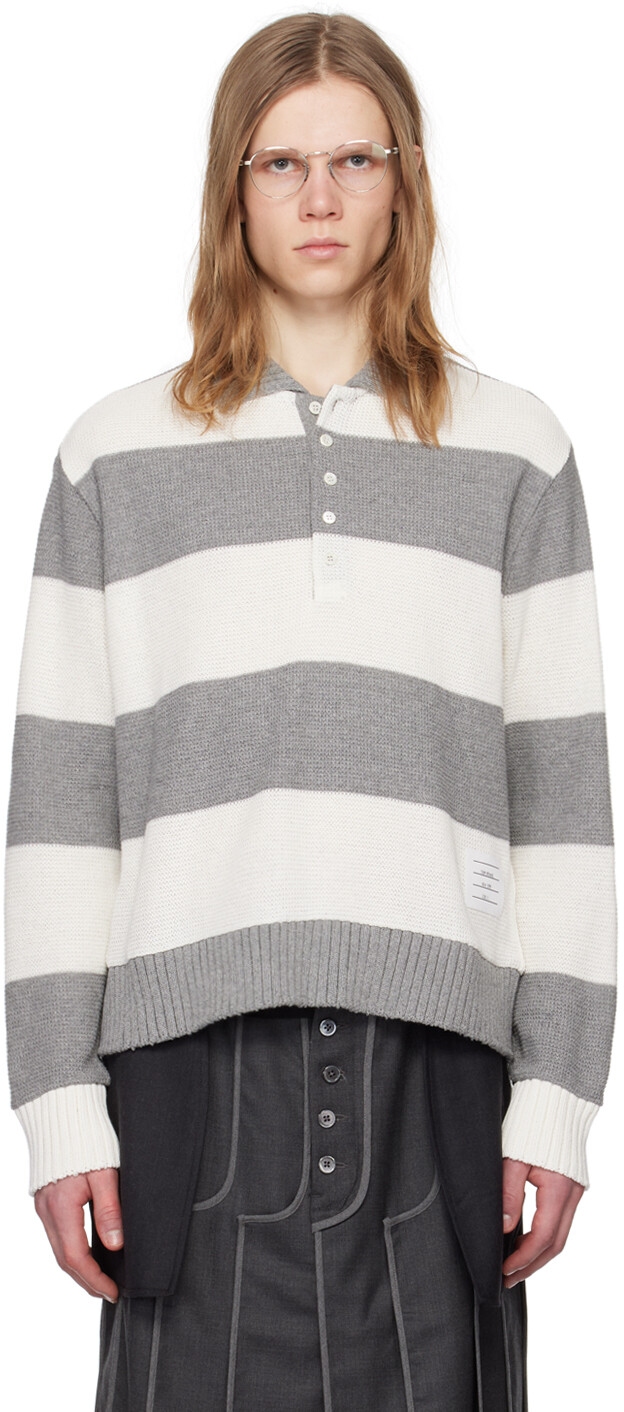 

Серая футболка-поло в полоску Thom Browne, цвет Light grey