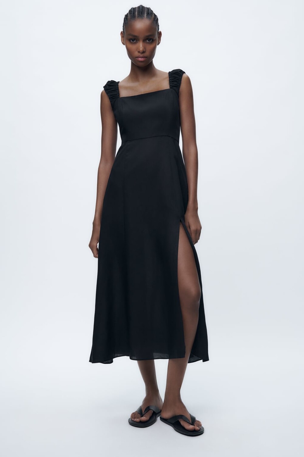 

Платье миди из смешанного льна ZARA, черный