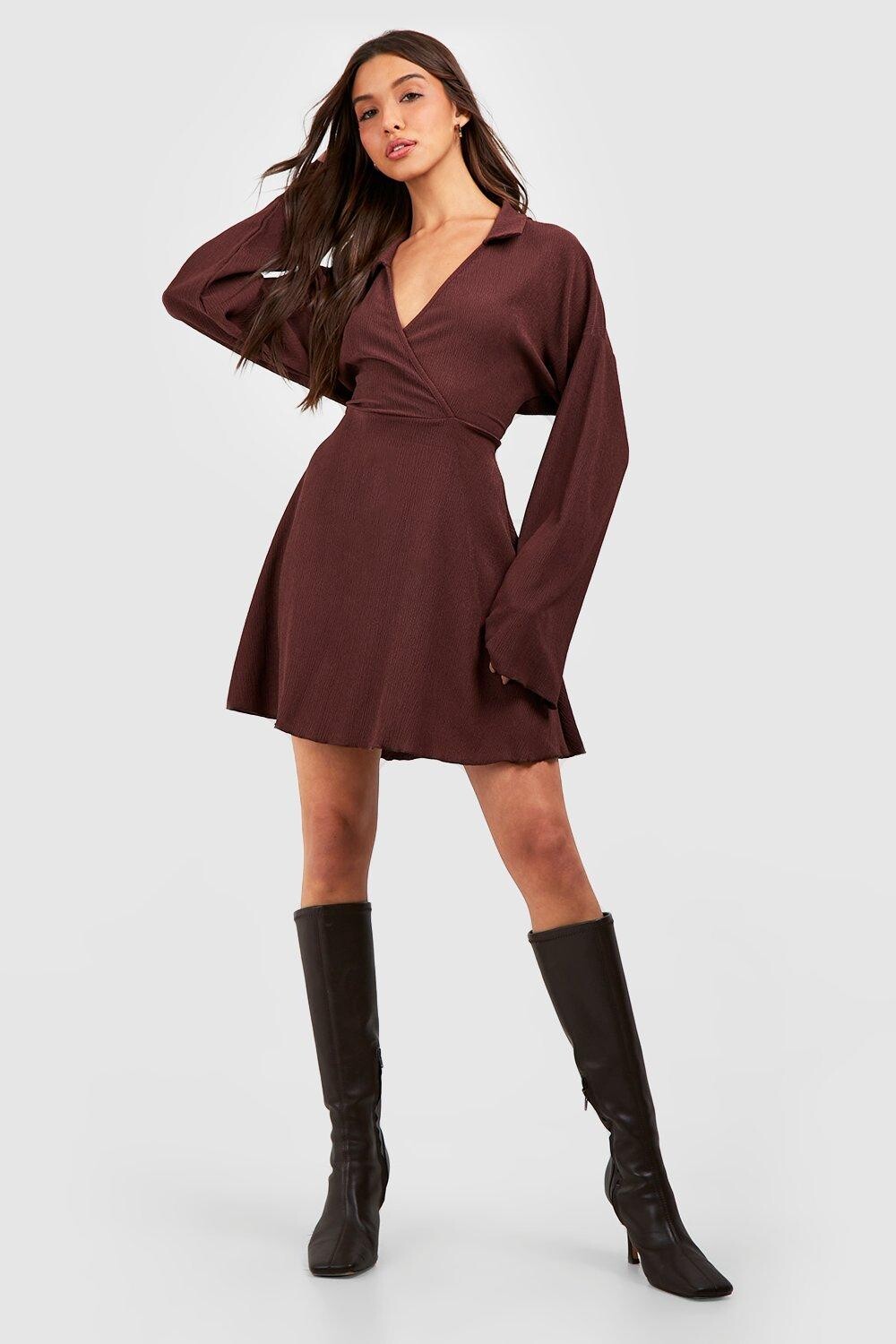 

Платье с текстурным воротником Boohoo, шоколадный, Коричневый