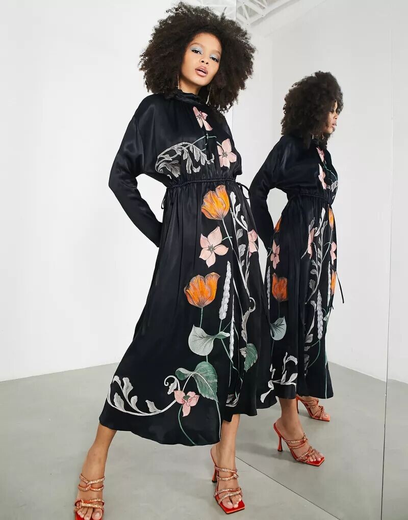 

Черное атласное платье миди с цветочной вышивкой и кулиской на талии ASOS