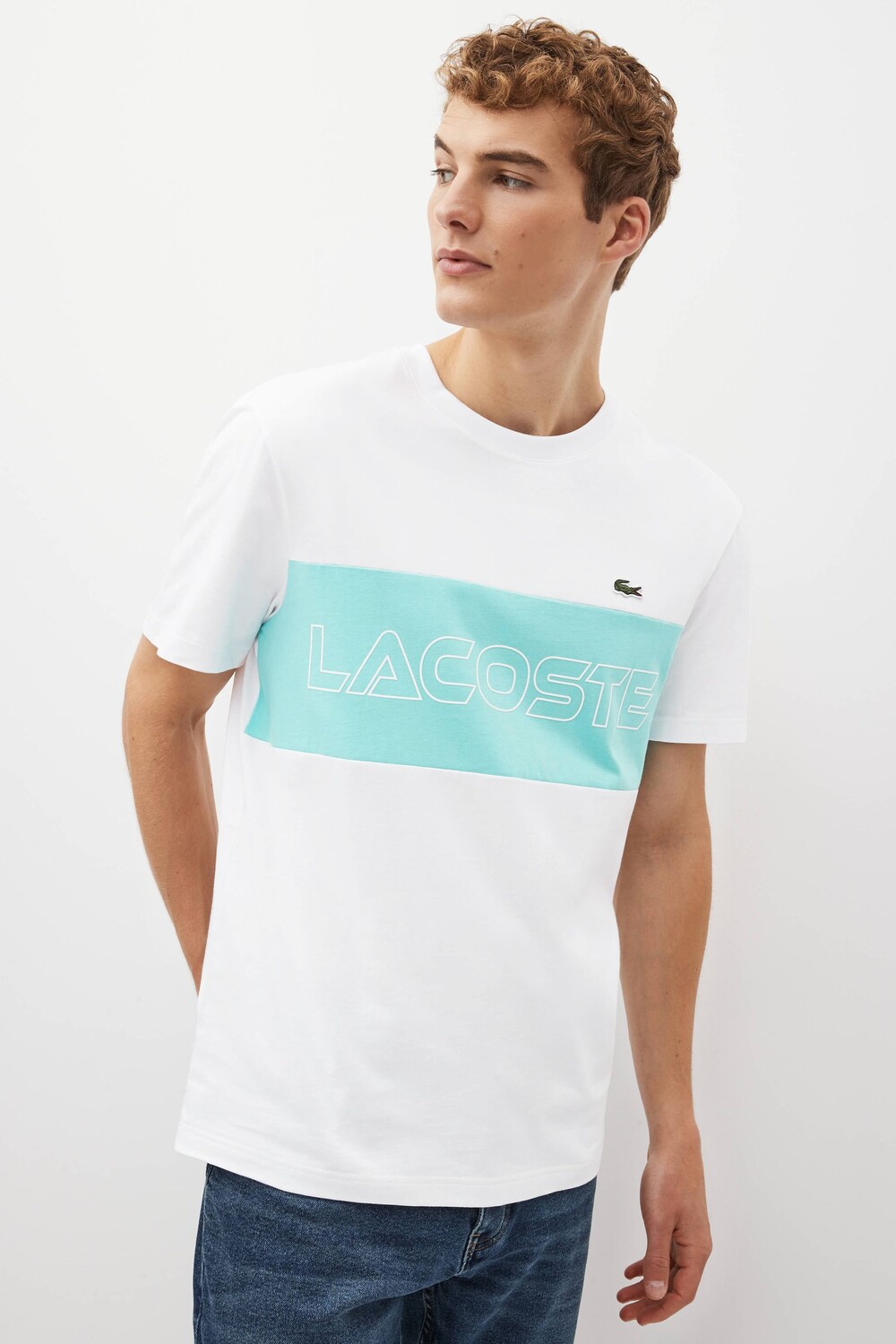 

Белая мужская футболка в стиле колор-блок Lacoste, белый