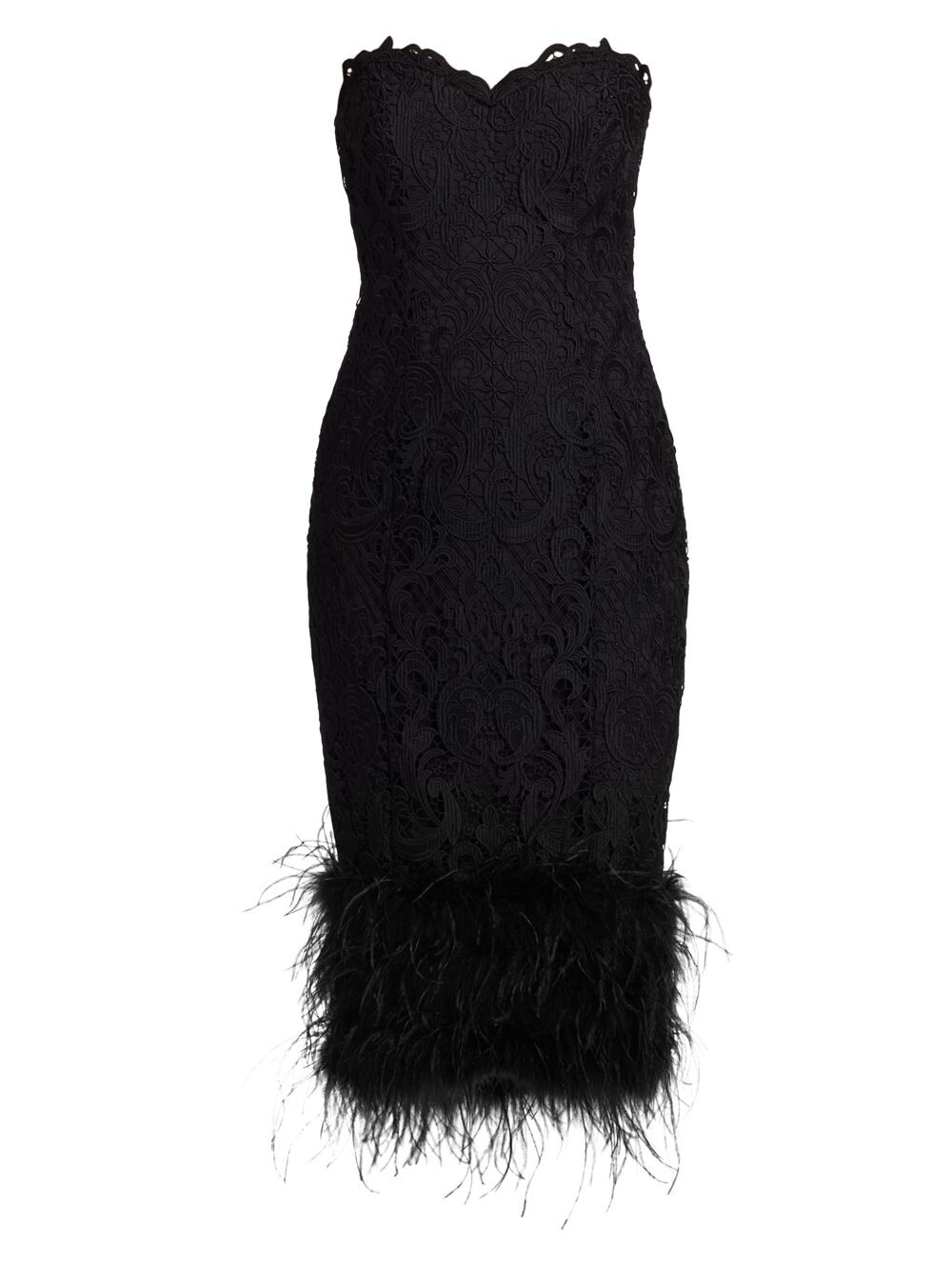 

Кружевное миди-платье без бретелек с отделкой перьями Badgley Mischka, черный
