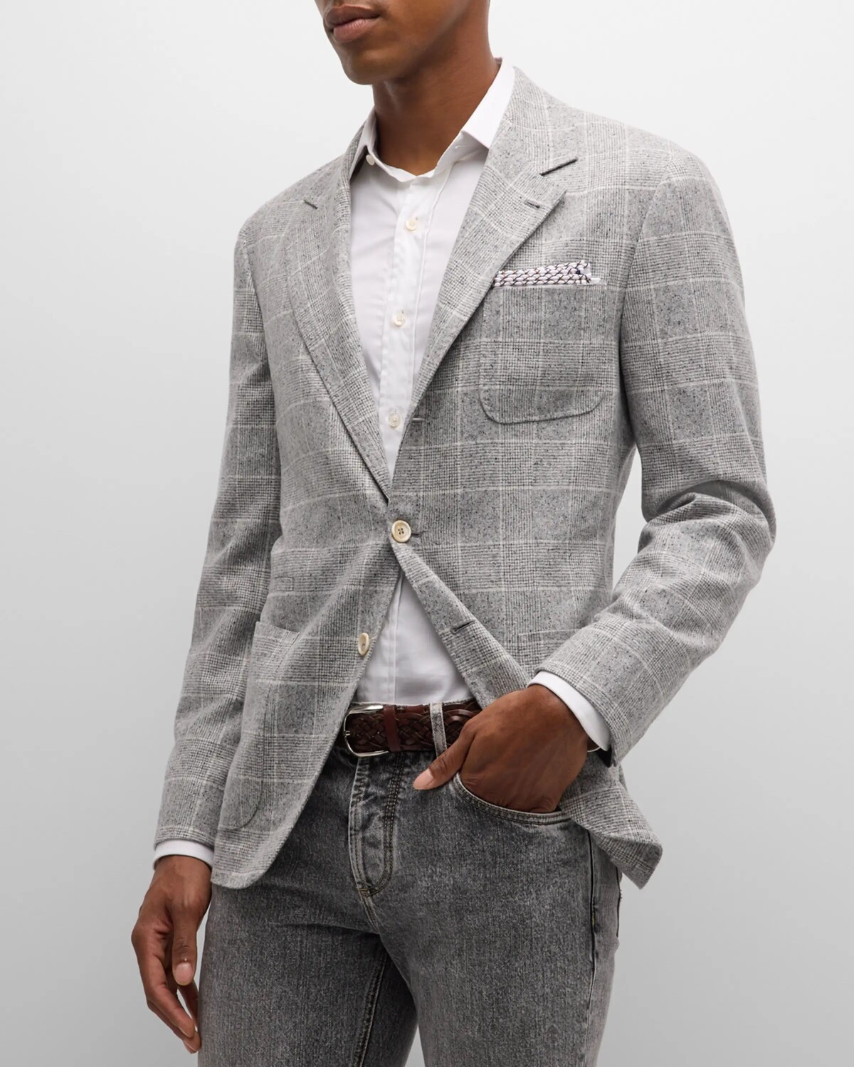 

Мужское шерстяное спортивное пальто в клетку с принтом Brunello Cucinelli, цвет Pearl Grey