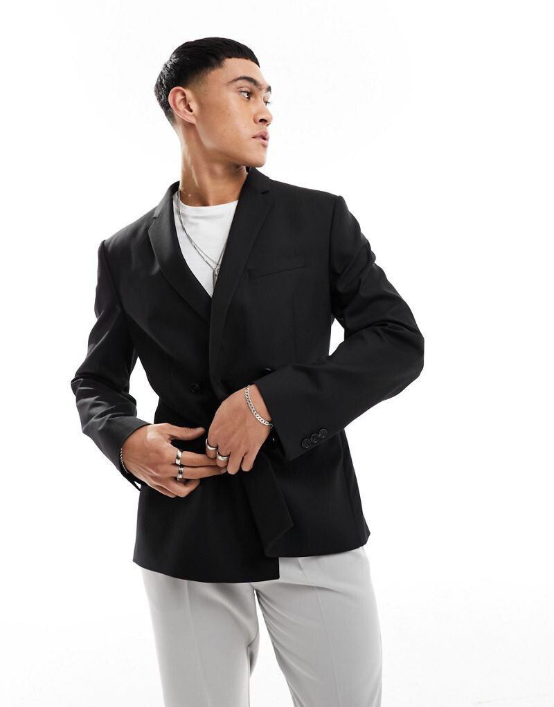 

Черный узкий двубортный пиджак ASOS DESIGN