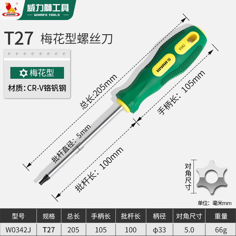 Отвертка Винна Шестигранная отвертка Torx Отвертка Torx T27 цвет сливы тип W0342J Wynns