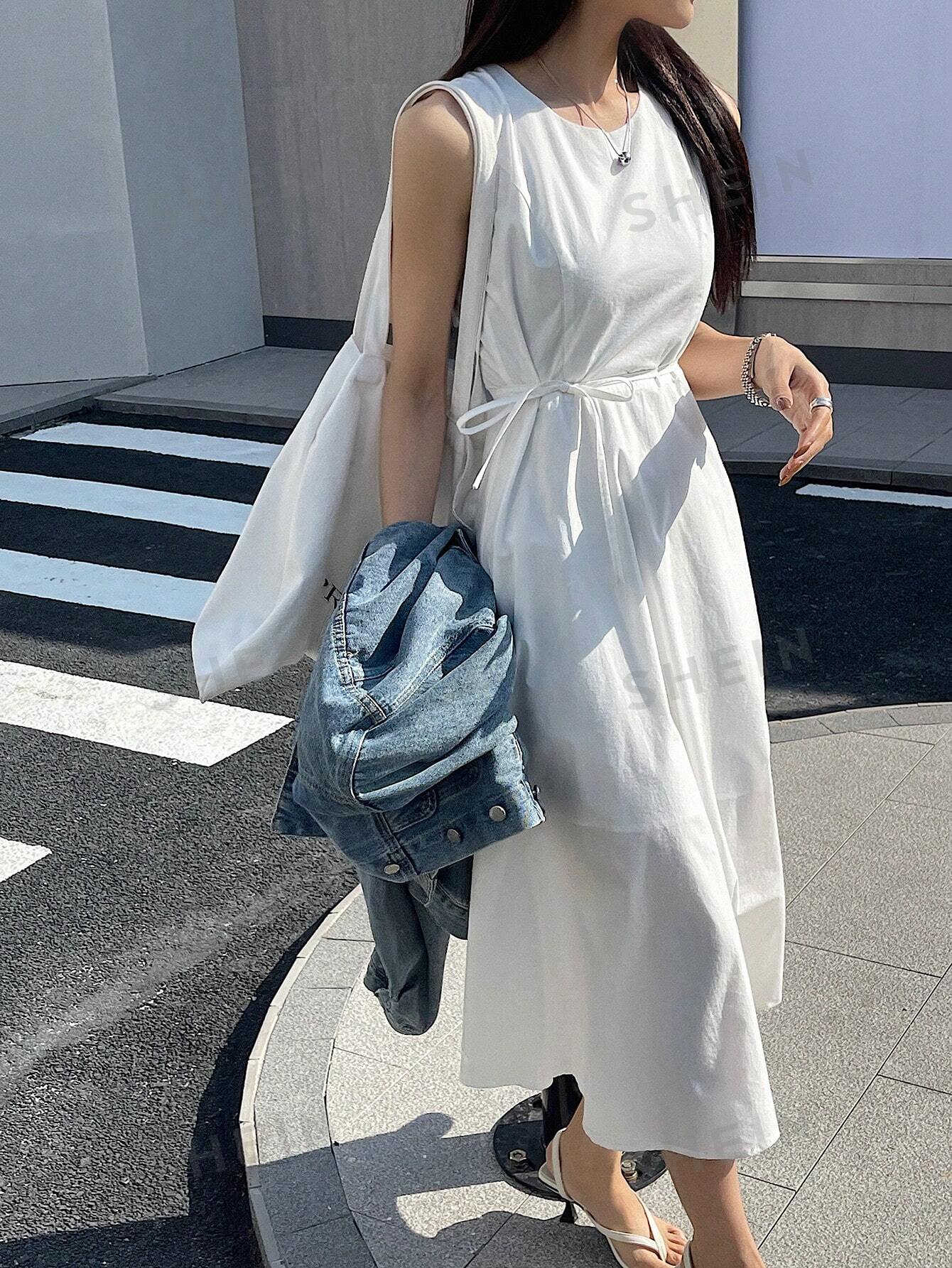 DAZY Женское однотонное платье без рукавов с круглым вырезом, белый женское винтажное платье без рукавов однотонное платье во французском стиле на бретелях спагетти с квадратным вырезом весна лето 2023