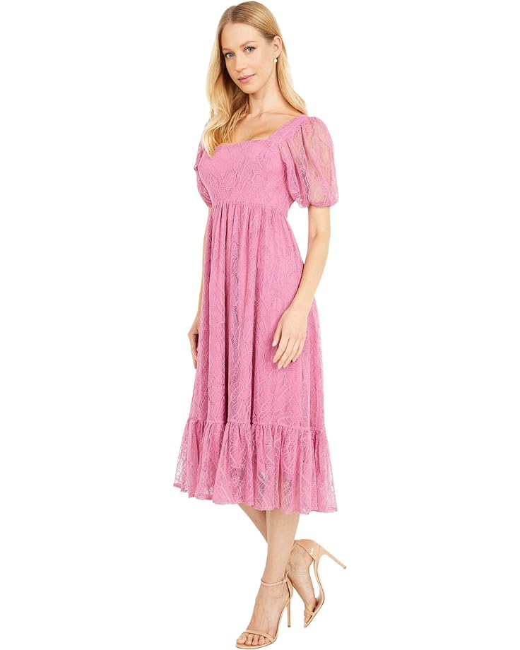 Платье WAYF Lucca Midi Short Sleeve Gathered Dress, цвет Magenta Lace