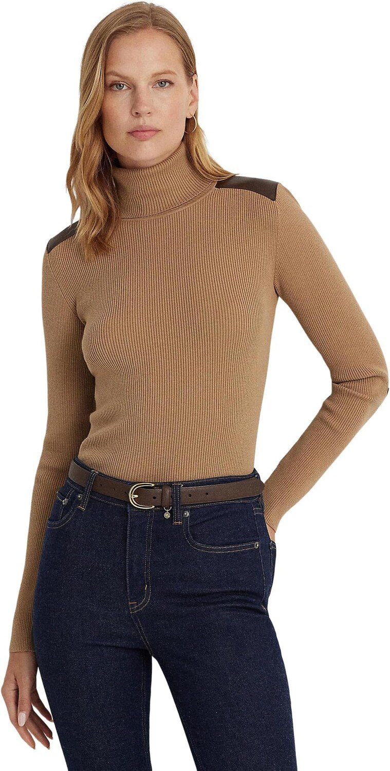 

Свитер Petite Faux Leather Trim Ribbed Turtleneck LAUREN Ralph Lauren, цвет Classic Camel