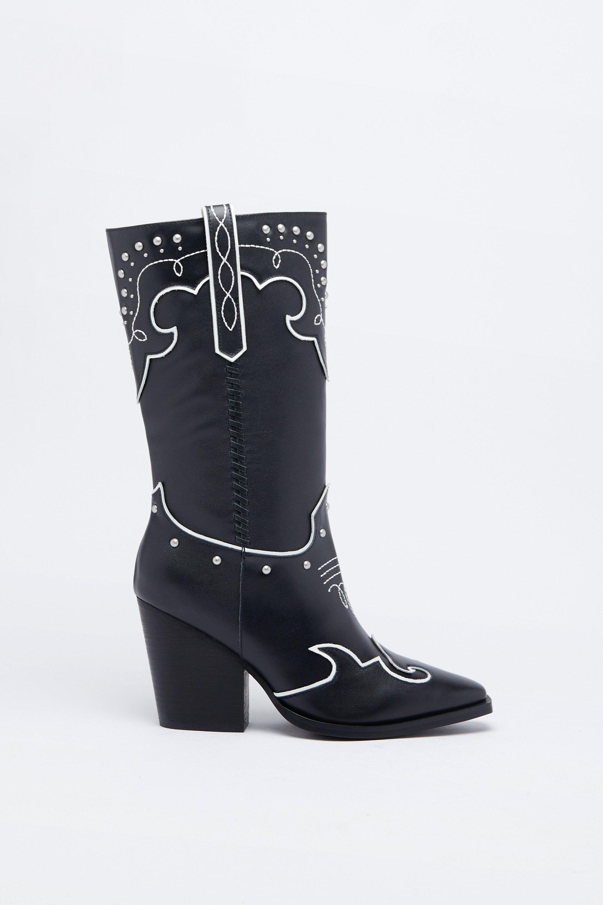 Кожаные ковбойские ботинки с заклепками и контрастной строчкой Warehouse, черный ботинки laredoute кожаные с ремешком с заклепками 36 каштановый