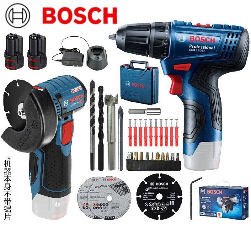 Дрель электрическая Bosch GWS 12V-76 + Угловая шлифовальная машина Bosch GSR 120-Li + насадки