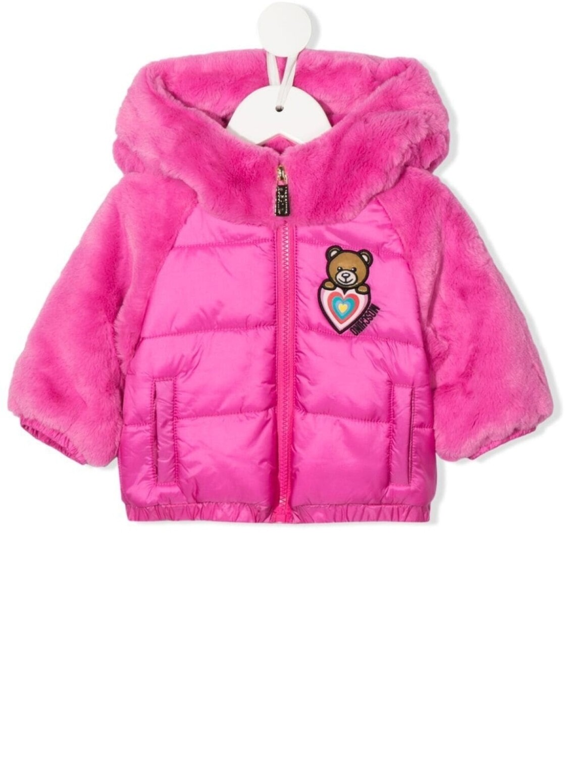 

Moschino Kids пуховик с капюшоном и искусственным мехом, розовый