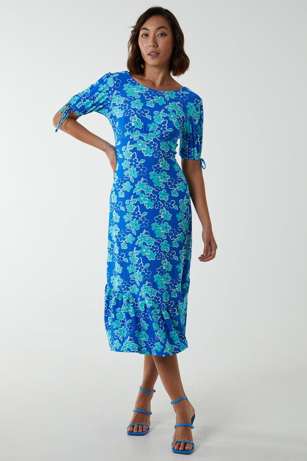 Платье миди с круглым вырезом и резинкой на спине Blue Vanilla, синий платье женское средней длины с открытой спиной и цветочным принтом на бретелях