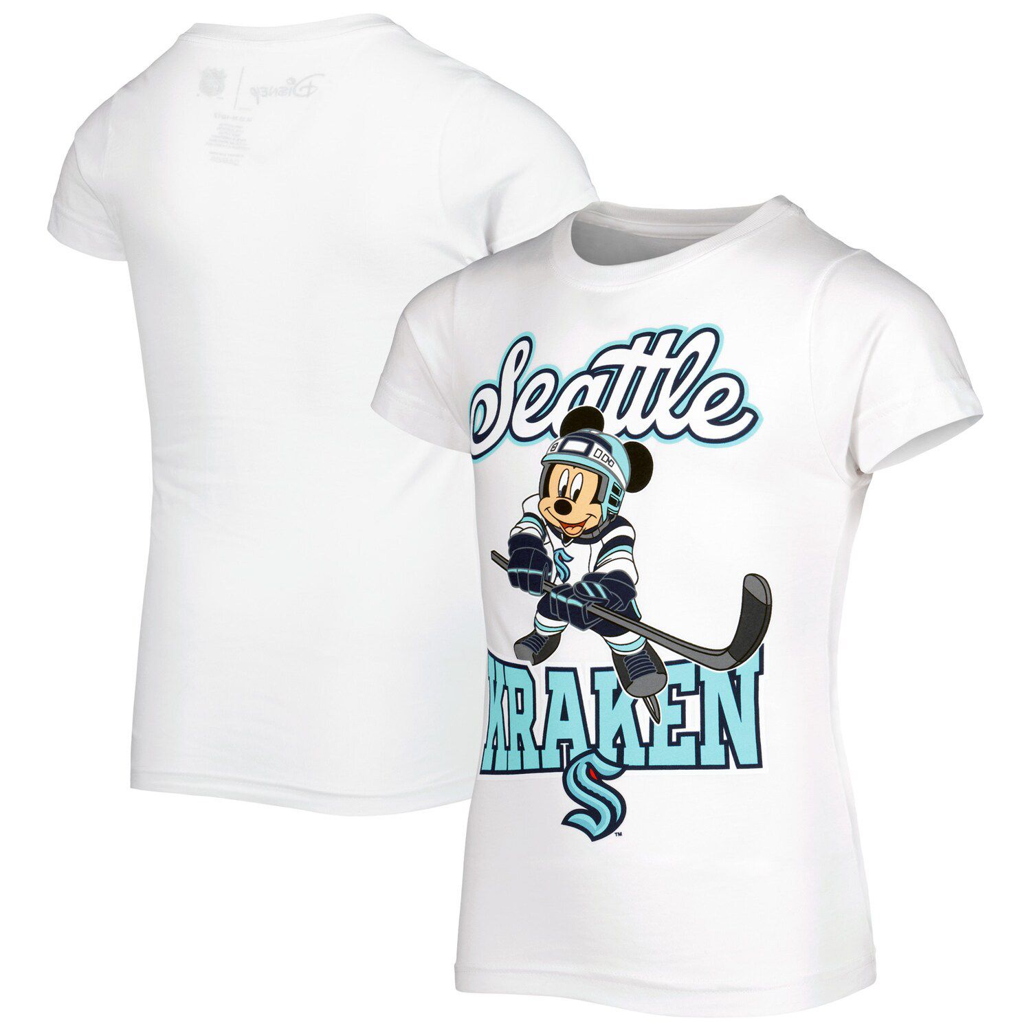Молодежная белая футболка Seattle Kraken Mickey Mouse Go Team Go для девочек Outerstuff