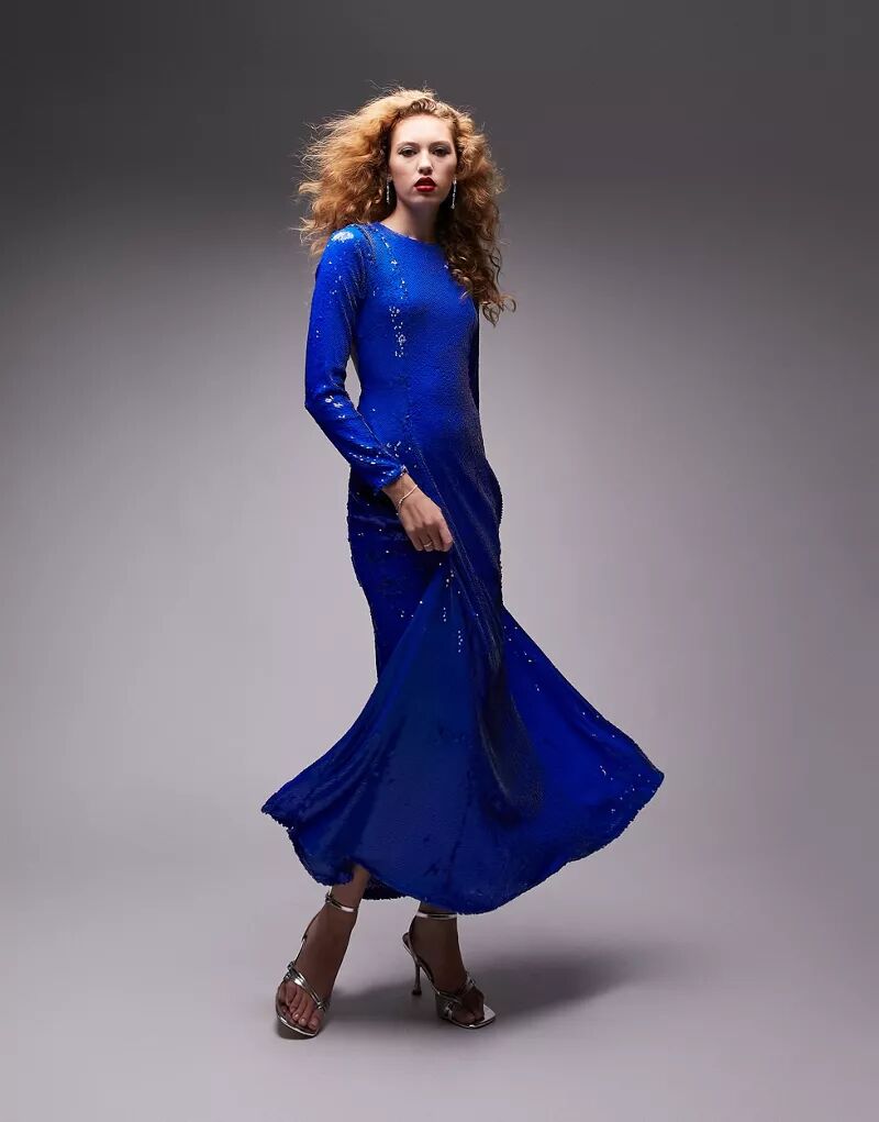 цена Голубое кобальтовое платье макси с пайетками Topshop
