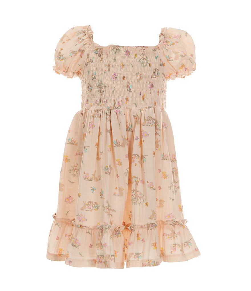 Марлевое расклешенное платье с пышными рукавами и принтом «Лесной кролик» для маленьких девочек 2–4 лет Bonnie Jean, бежевый