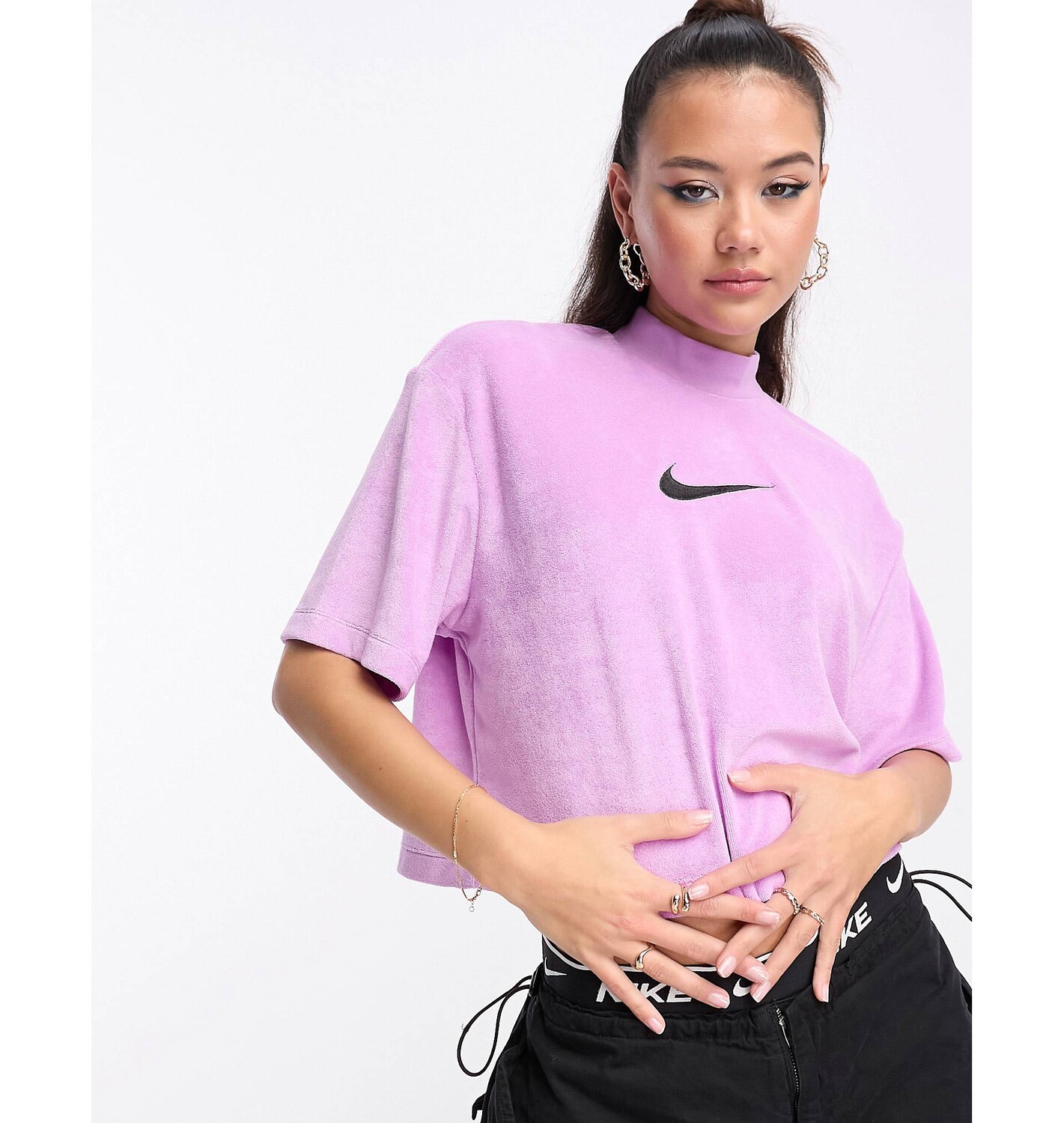 

Укороченная махровая футболка миди Nike с логотипом swoosh цвета фуксии, Розовый