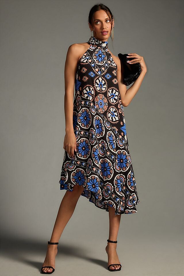 

Платье-миди шелковое Anthropologie с бретельками, синий
