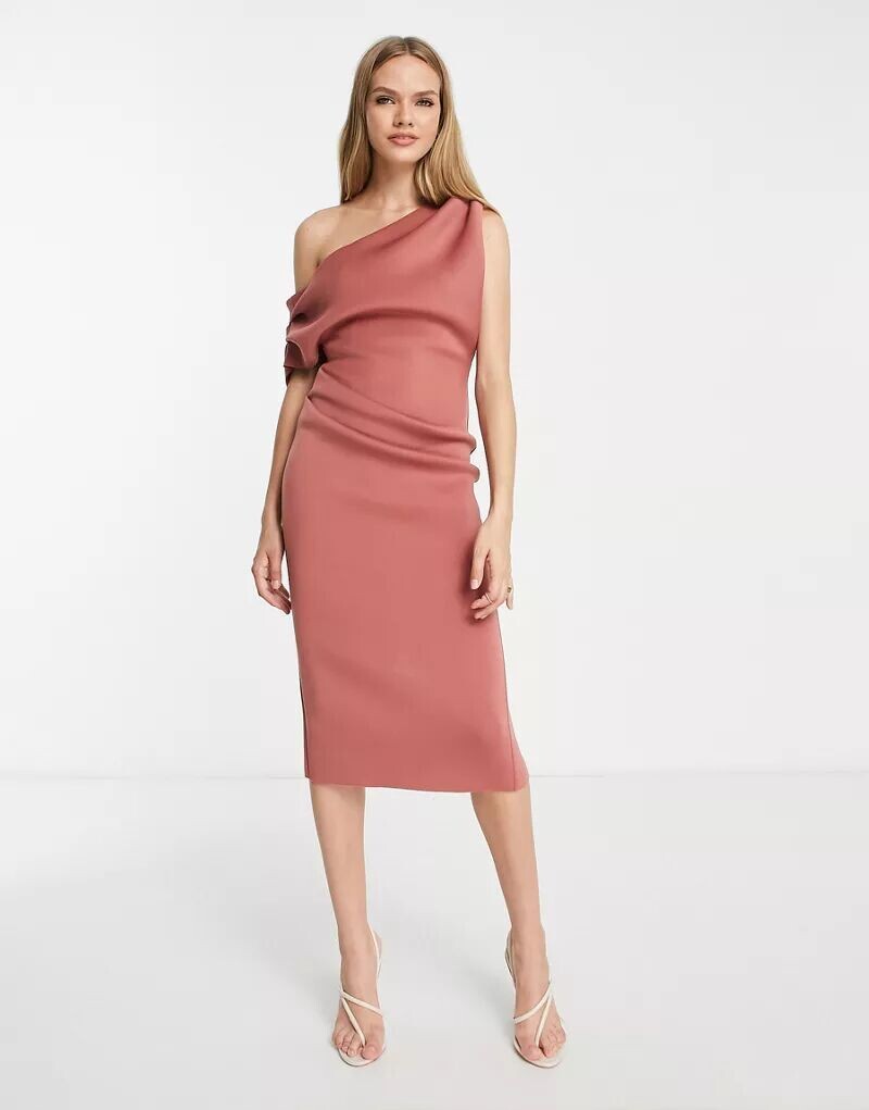 

Розовое платье миди с эффектом неопрена ASOS, заниженной линией плеч и плиссированной спинкой