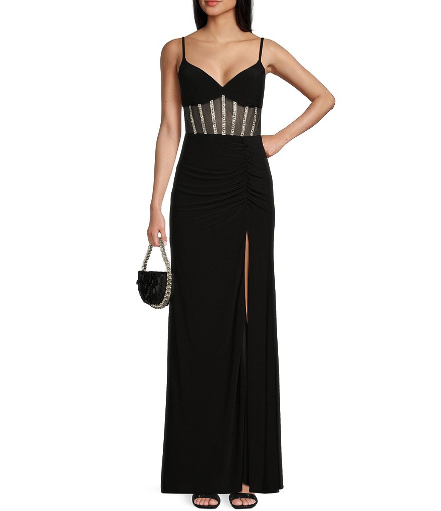 Morgan & Co. Милое длинное платье с сетчатым корсетом и отделкой стразами и рюшами по бокам, черный
