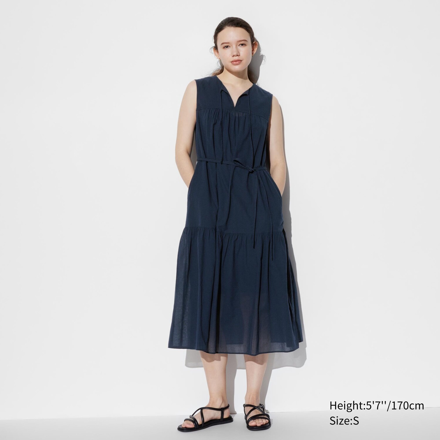 

Легкое хлопковое платье с клеточными бремями UNIQLO, темно-синий