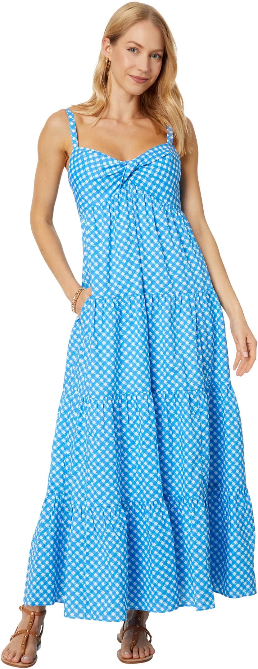 Хлопковое платье макси Shylee Lilly Pulitzer, цвет Boca Blue Double Checking