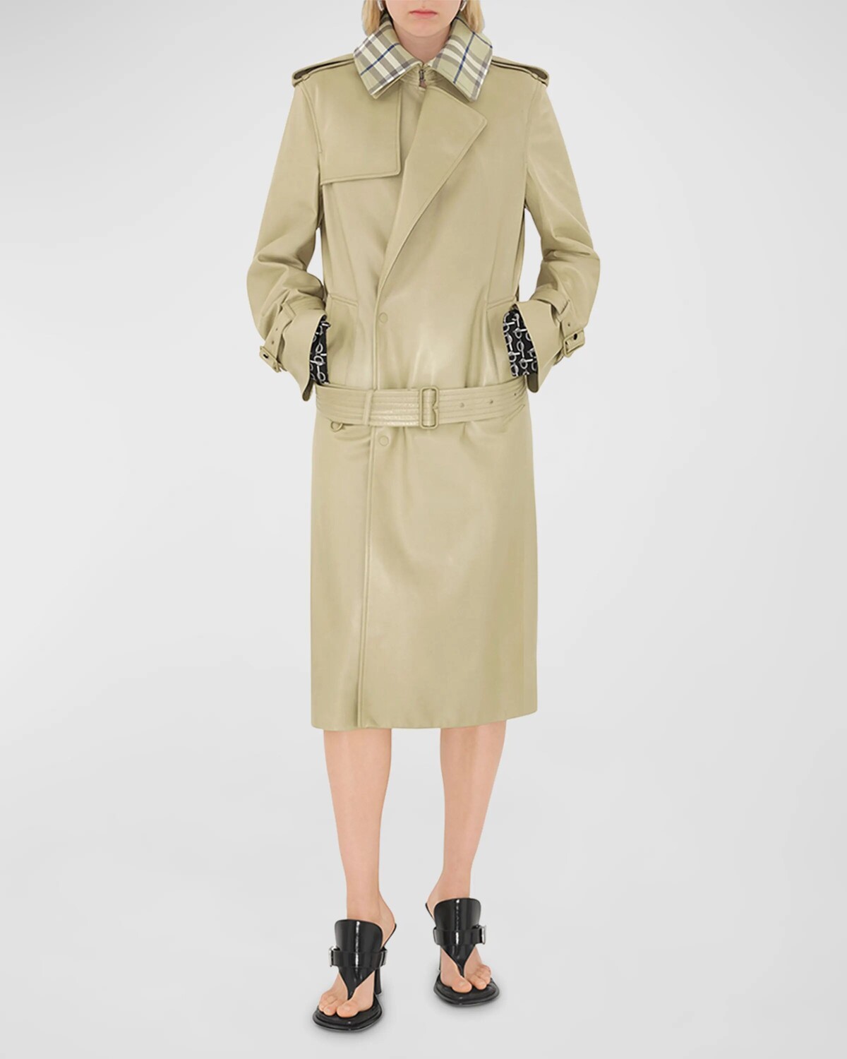 

Кожаный тренч с клетчатым воротником Burberry, цвет Hunter