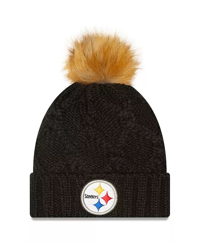 

Женская черная роскошная вязаная шапка с манжетами и помпоном Pittsburgh Steelers New Era, черный