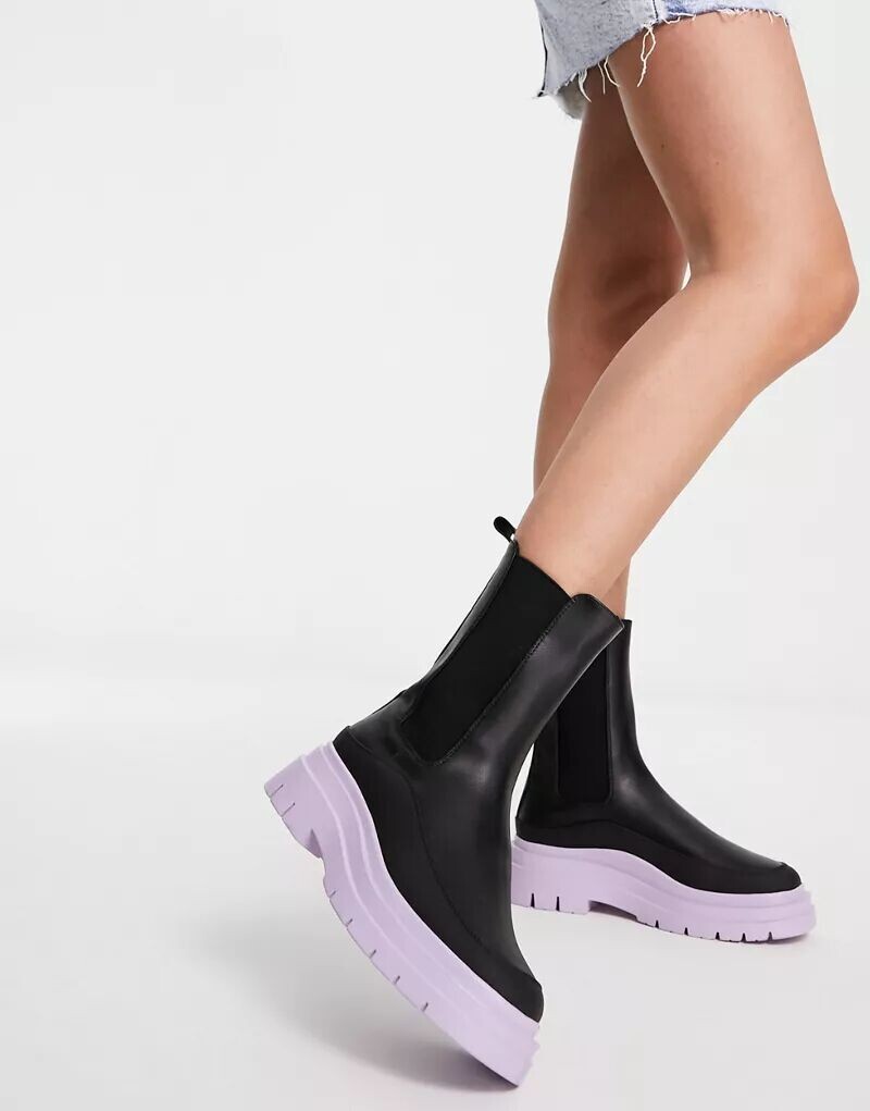 

Черные ботинки челси ASOS Antidote на массивной сиреневой подошве