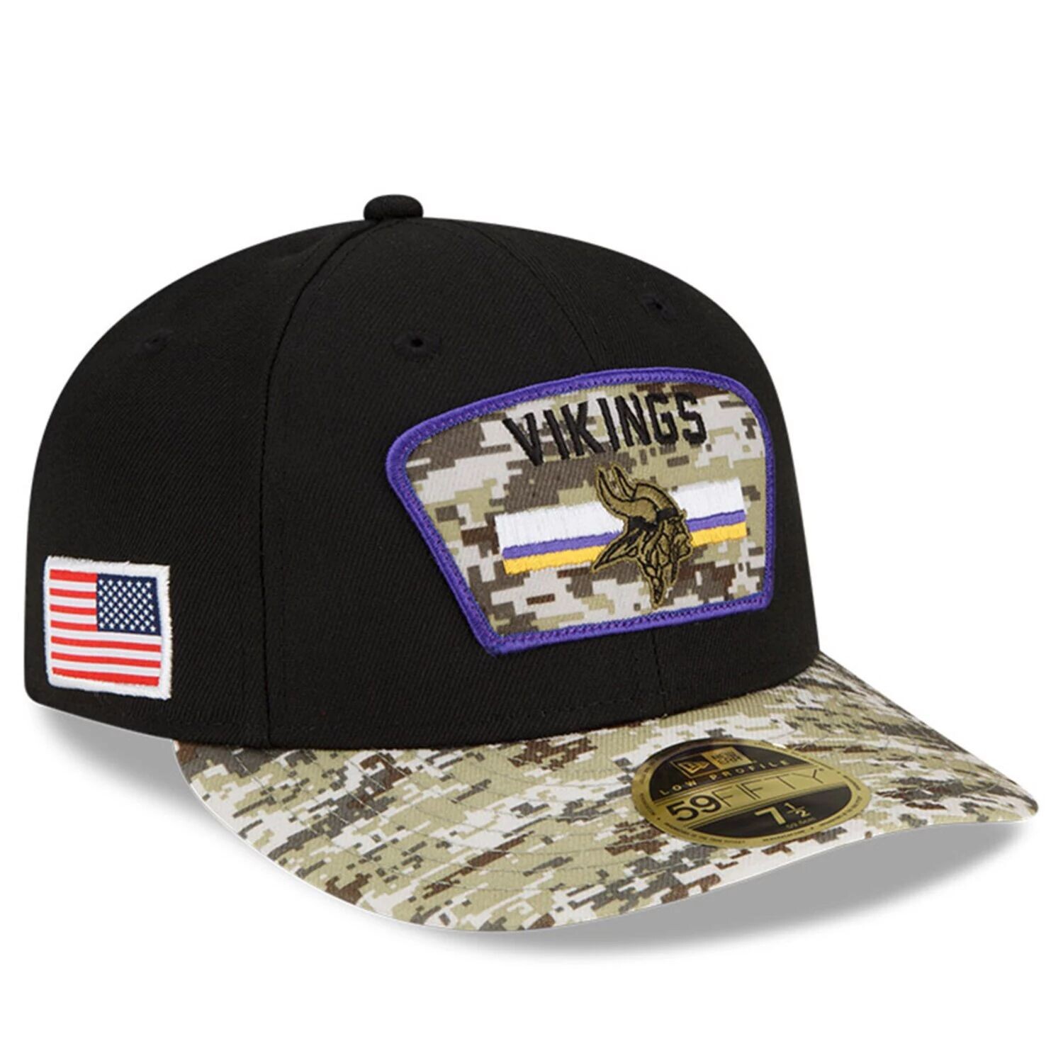 

Мужская кепка New Era Black/Camo Minnesota Vikings 2021 Salute To Service Low Profile 59FIFTY Облегающая шляпа