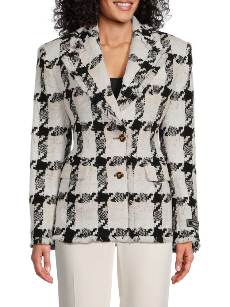 Твидовый однобортный пиджак Versace, цвет White Black цена и фото