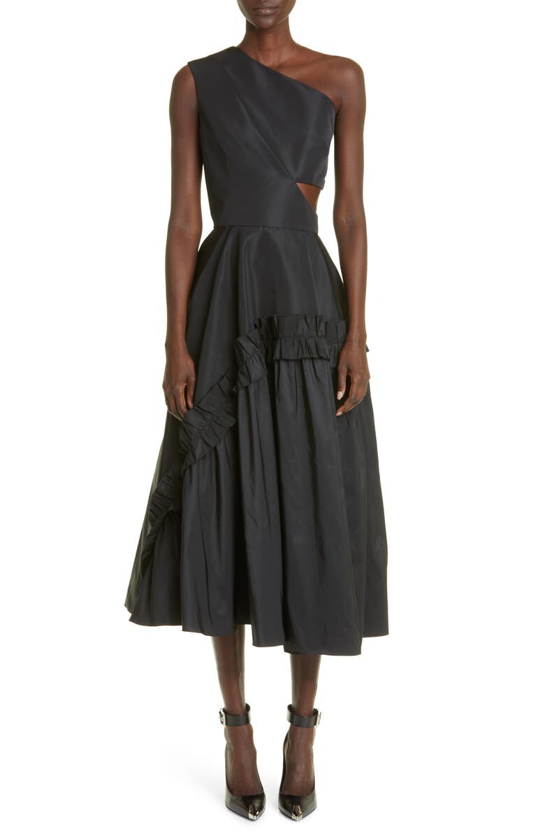 

Платье из фая с рюшами на одно плечо ALEXANDER MCQUEEN, черный