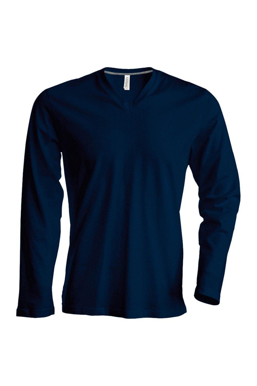 Облегающая футболка с длинным рукавом и V-образным вырезом Kariban, темно-синий цена и фото