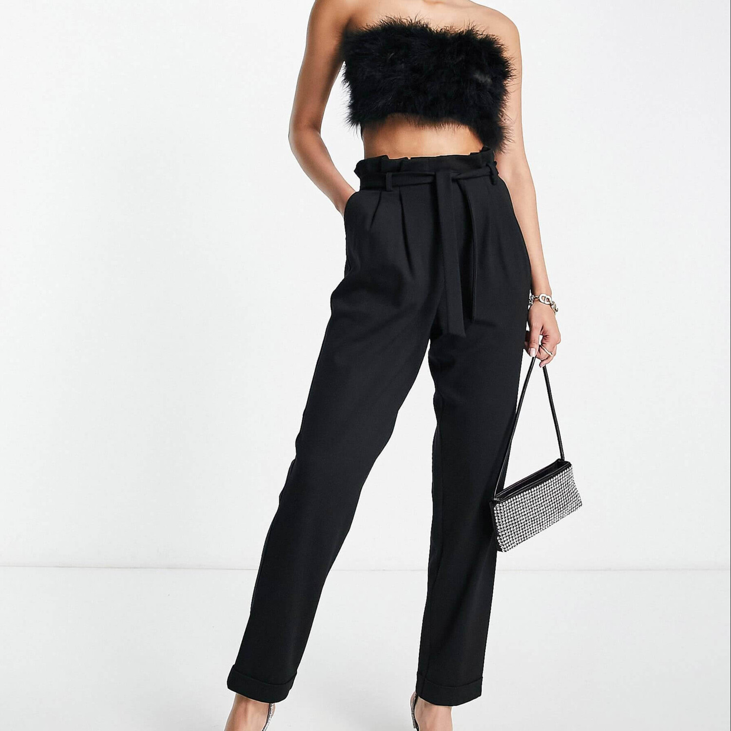 

Брюки Asos Design Tall Ponte Peg With Paperbag Tie Waist, черный