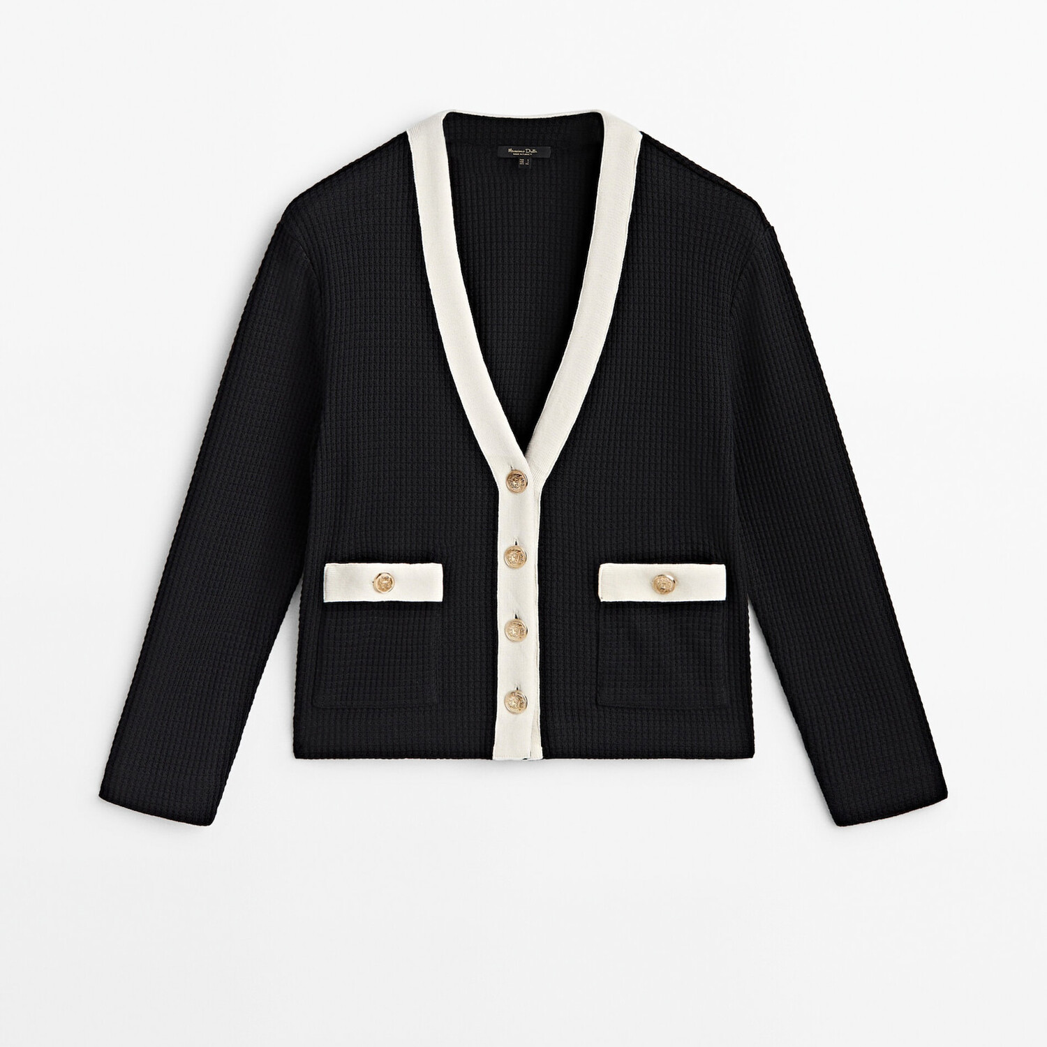 

Кардиган Massimo Dutti Contrast textured knit V-neck, черный