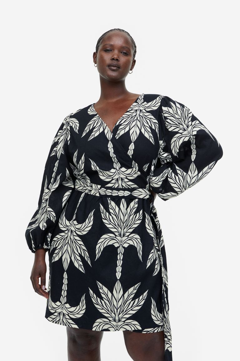 Платье с запахом из смесовой льняной ткани H&M, черный/пальмы