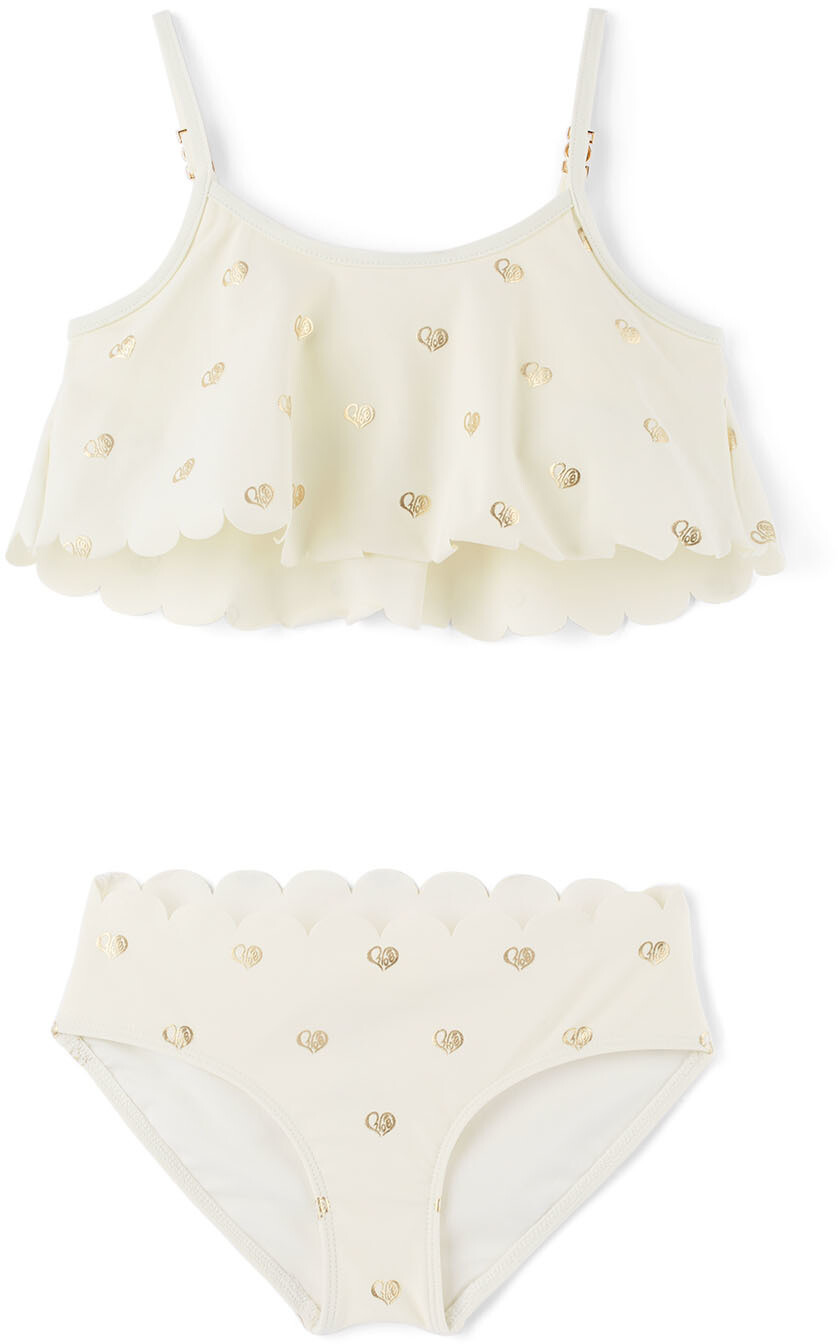 

Детский комплект бикини Off-White с золотым сердечком и фестонами Chloé