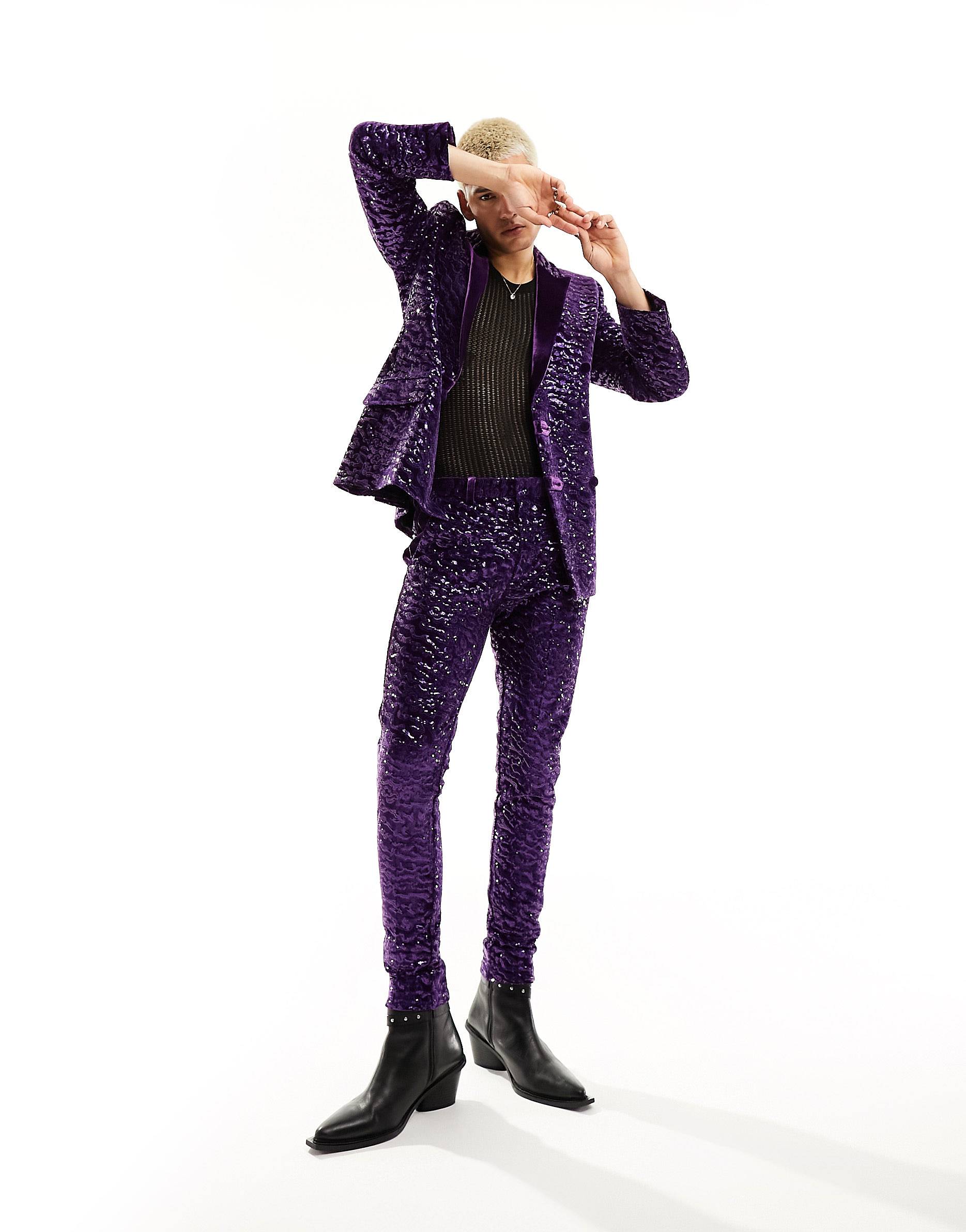 Брюки Asos Design Super Skinny Velvet Sequin Suit, фиолетовый