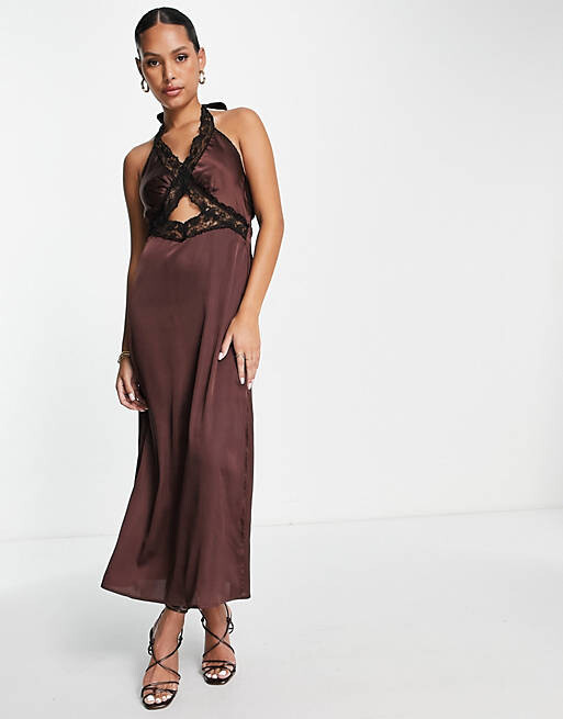 

Атласное платье-комбинация миди с вырезами и вырезом Topshop