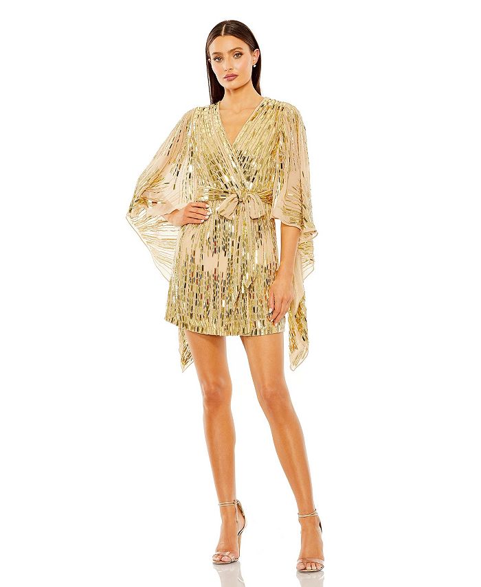 цена Женское платье-халат с накидкой на спине и геометрическими пайетками Mac Duggal, белый