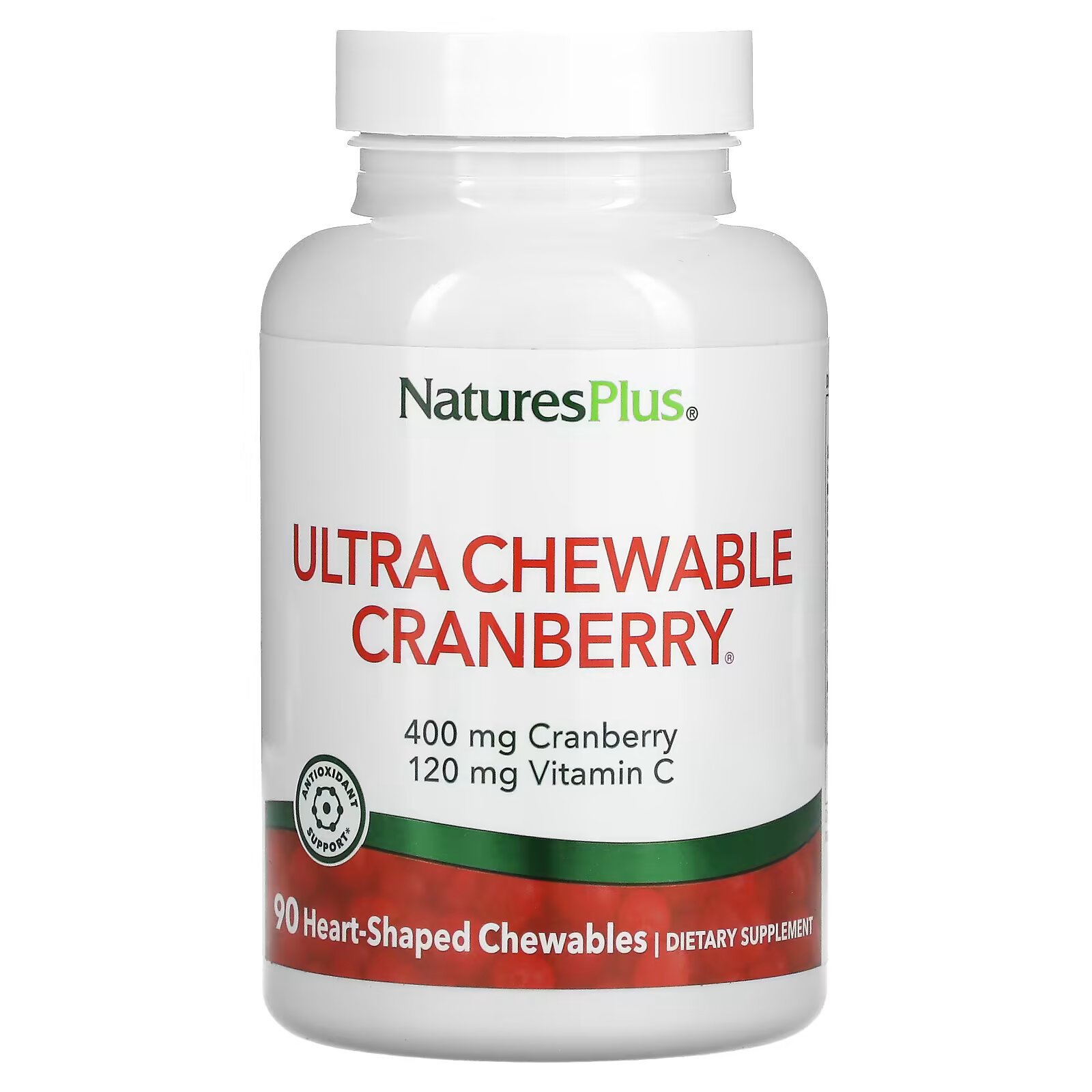 NaturesPlus, Ultra Chewable Cranberry с витамином C, клюква / клубника, 90 жевательных ягод - фото