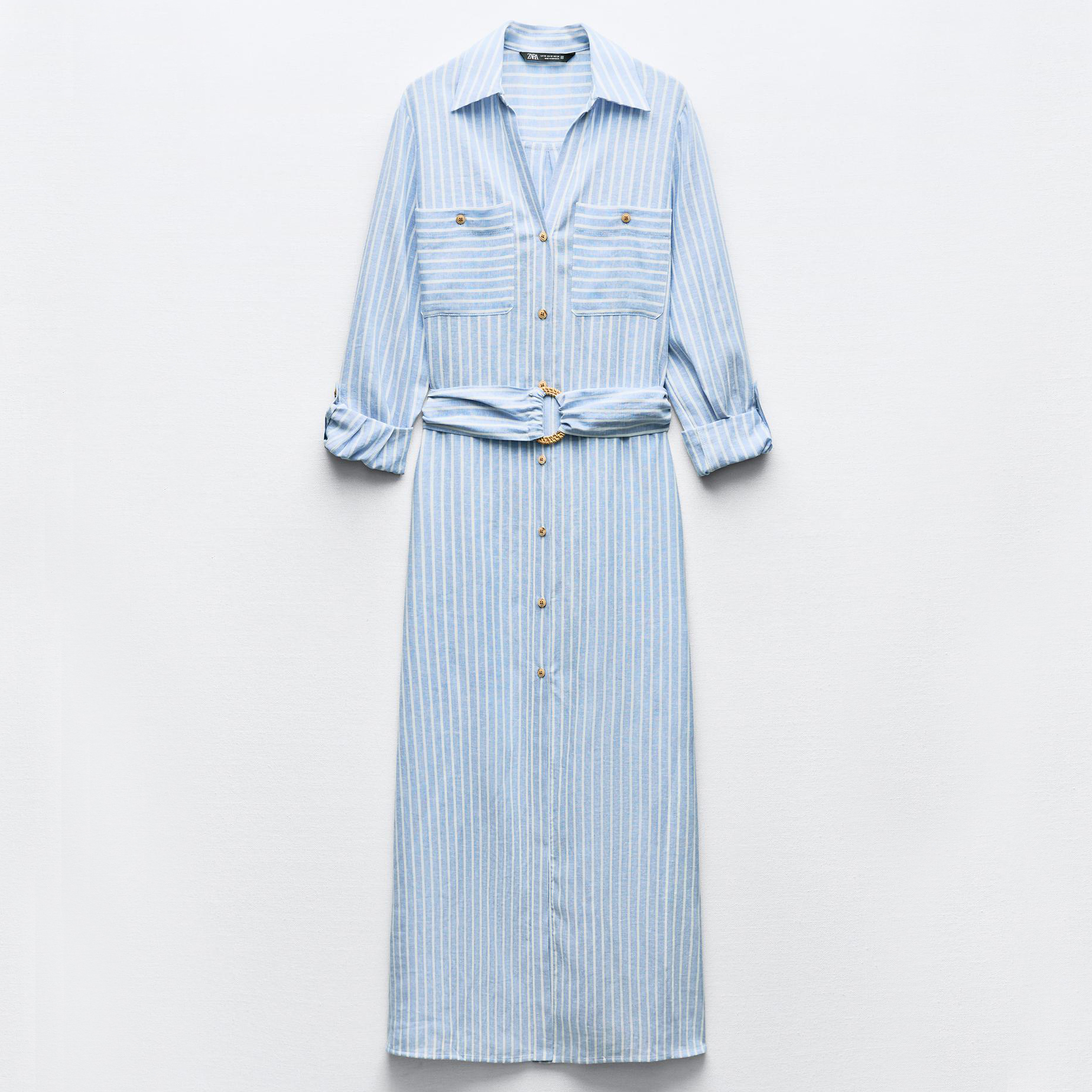 Платье-рубашка Zara Linen Blend Midi, голубой/белый