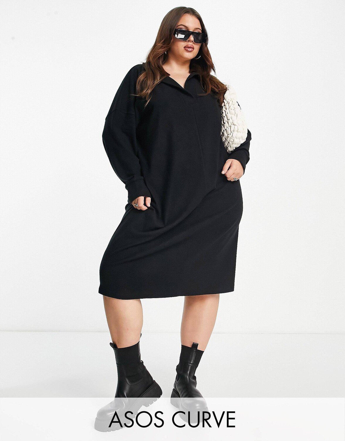 

Супермягкое платье миди поло с длинными рукавами ASOS DESIGN Curve черного цвета