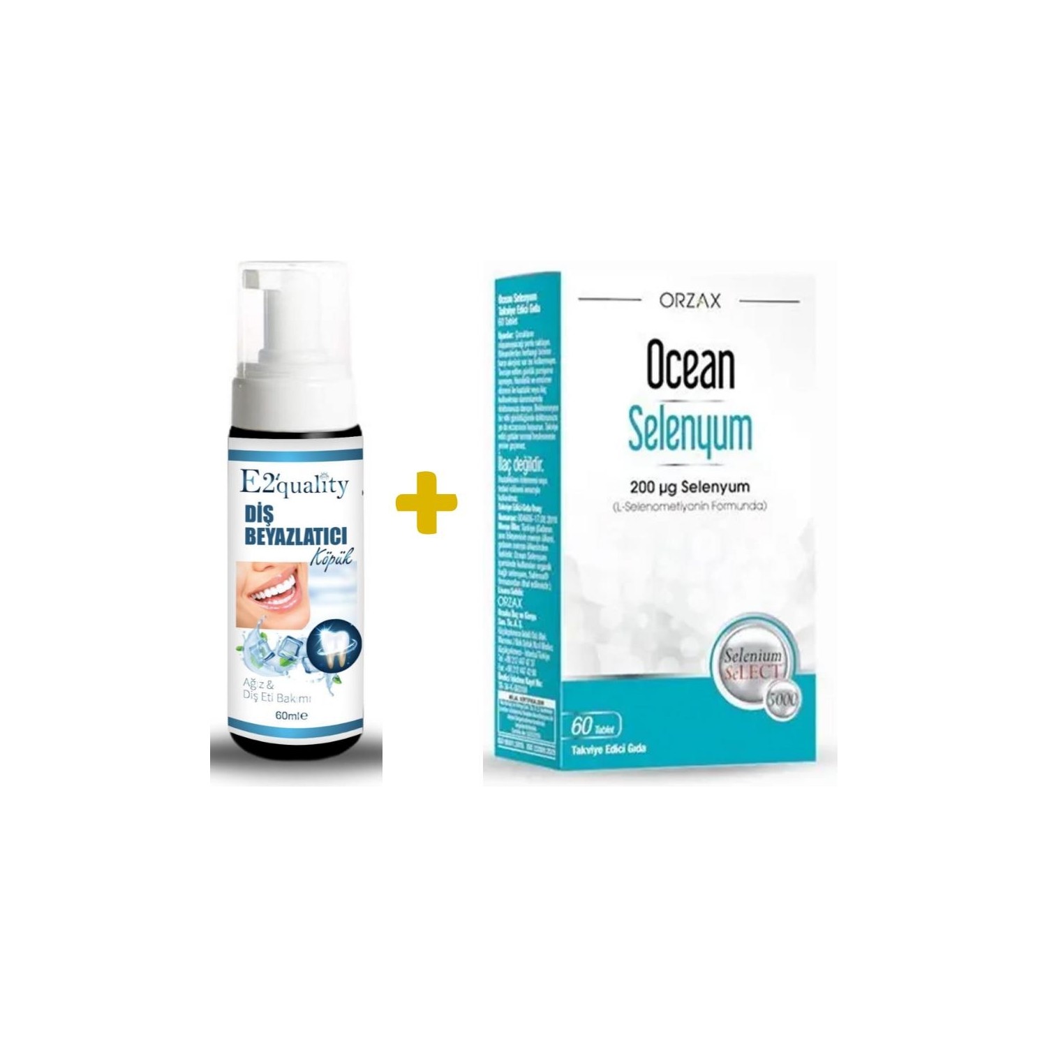 Отбеливающая пена для зубов Orzax E2' Quality + Пищевая добавка Orzax Ocean Selenium Supplement, 60 таблеток