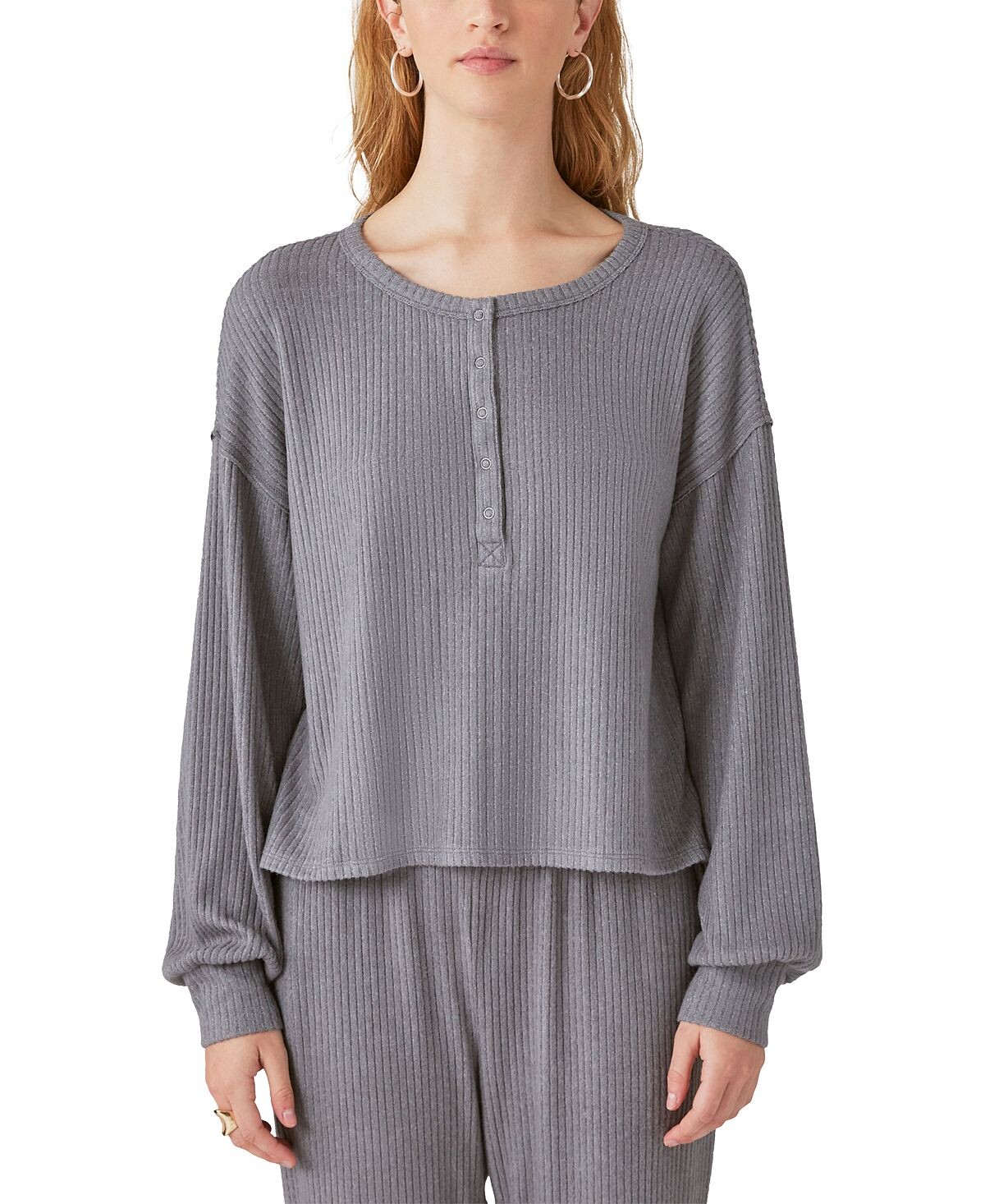 

Женский топ henley в рубчик с длинными рукавами и облаками Lucky Brand, мульти