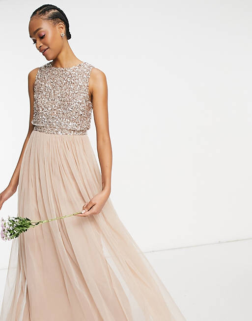 

Платье макси из тюля Maya Bridesmaid 2 в 1 с нежными пайетками в тон серо-розового цвета, Розовый