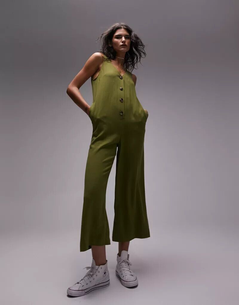 

Повседневный комбинезон на пуговицах цвета хаки Topshop