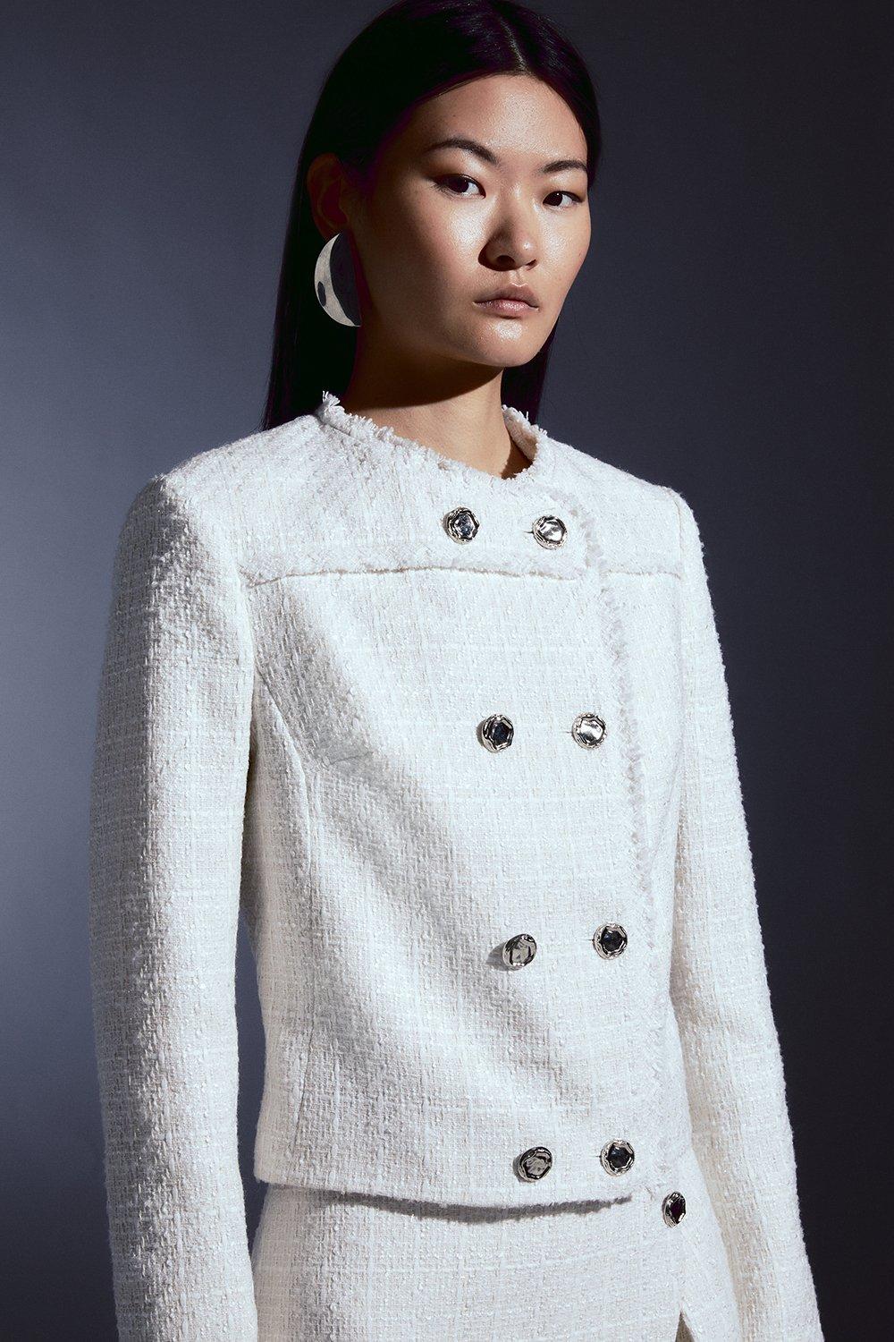 Двубортный пиджак с блестками букле на заказ Karen Millen, белый