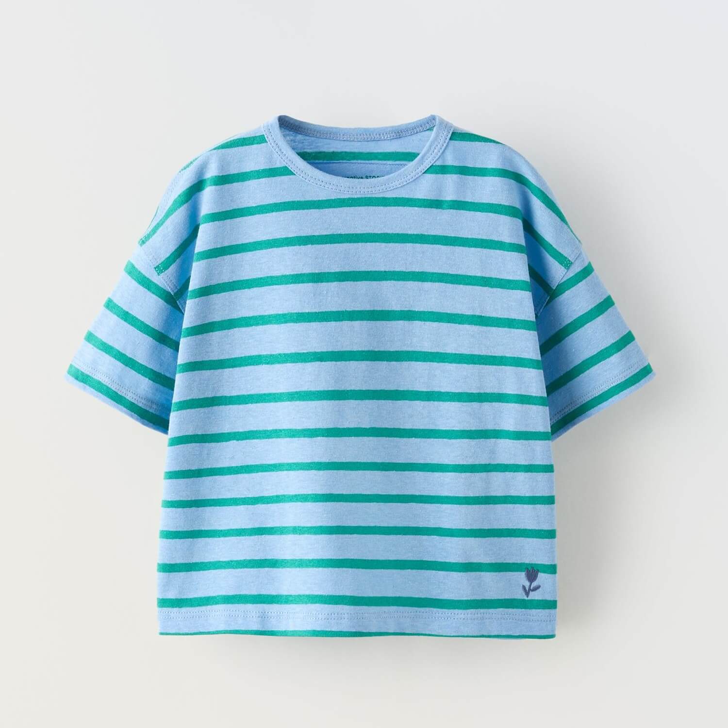 Футболка Zara Woven Striped With Embroidery, голубой/зеленый
