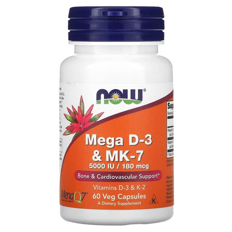 Mega D-3 и MK-7 NOW Foods 180 мкг 5000 МЕ, 60 капсул витамины для женщин trubiotics пищеварение женское здоровье здоровье костей 30 капсул