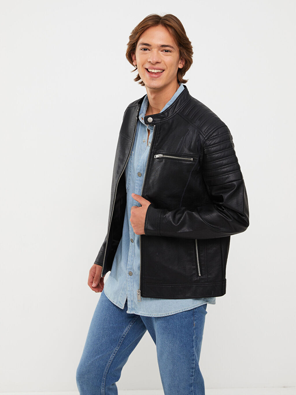 

Мужское кожаное пальто Slim Fit с байкерским воротником LCW Casual